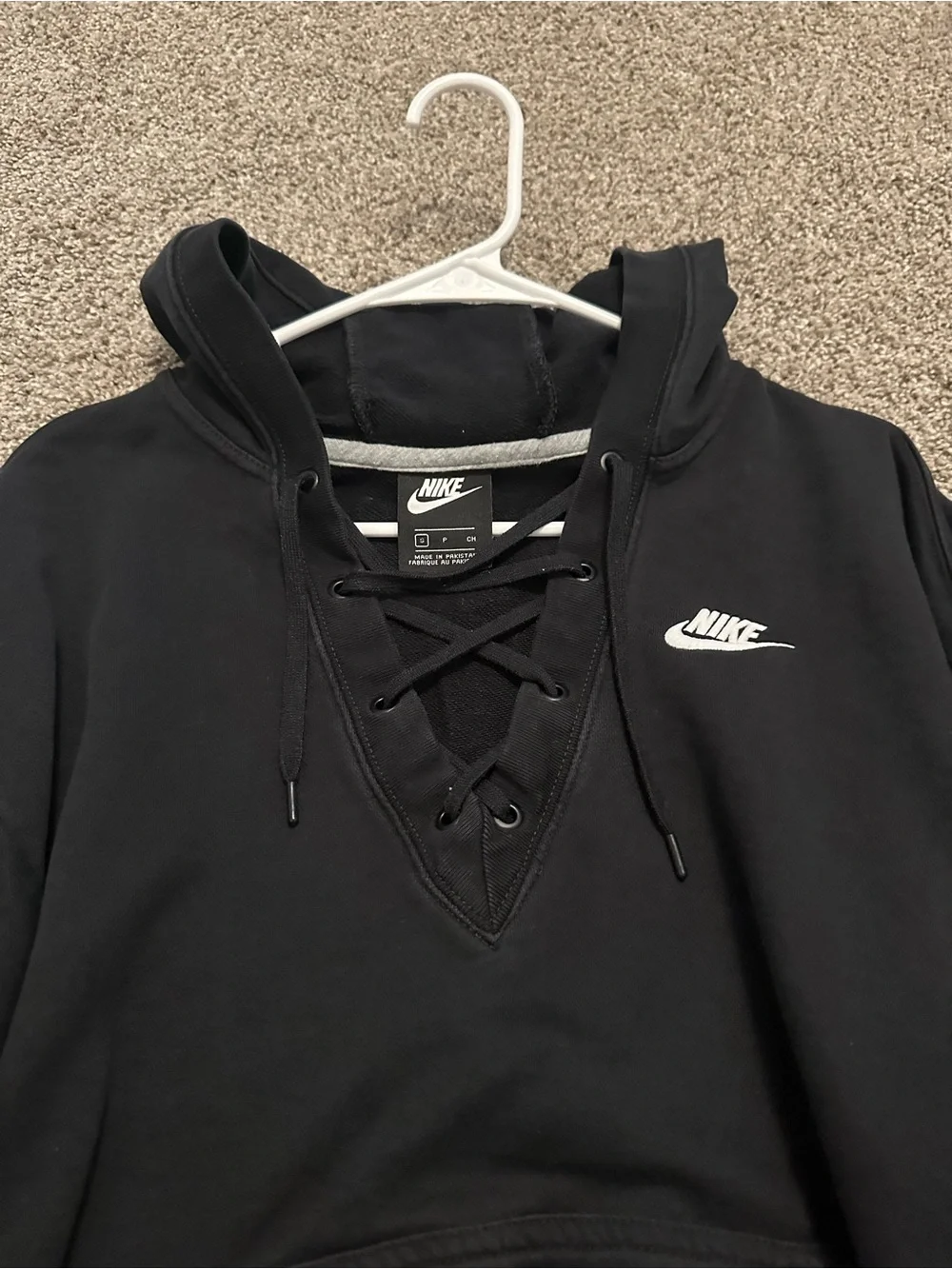Nike Black Lace-Up V-Neck Hoodie with White Swoosh